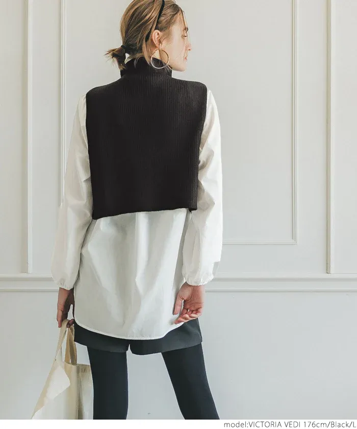 日本 COCA - 高領針織背心+前短後長襯衫2件組-黑