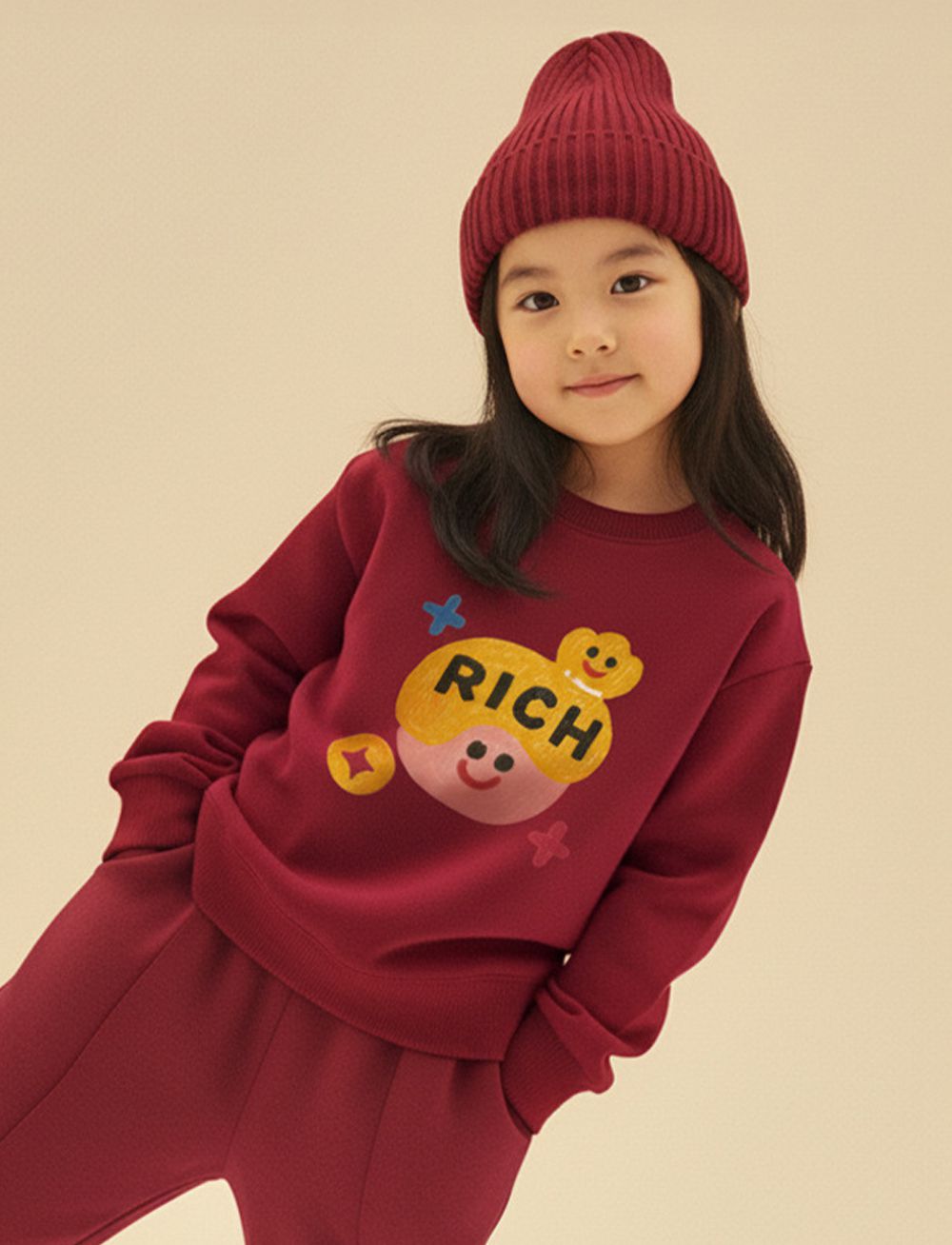 內刷絨長袖上衣+長褲套裝-富足小孩-紅色
