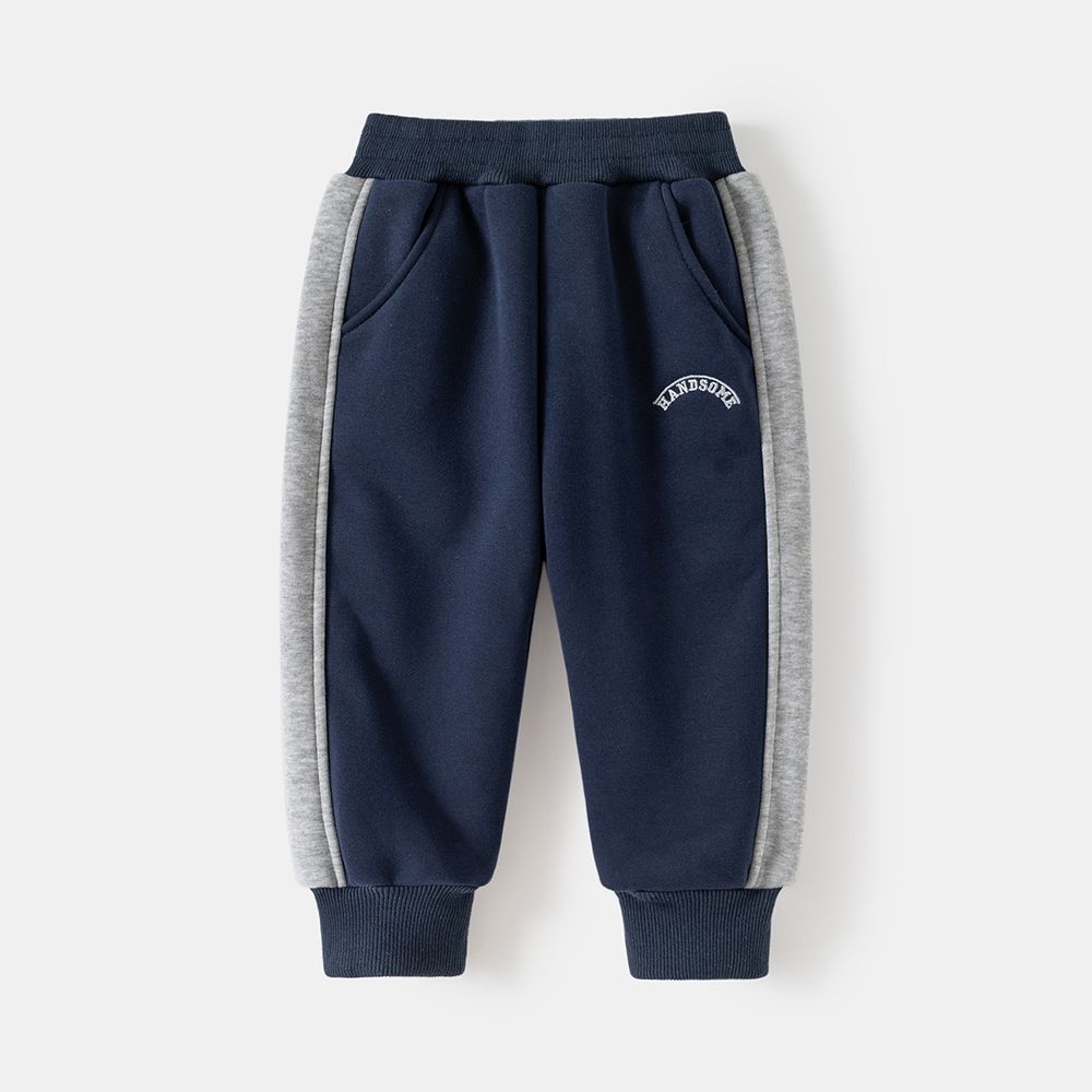 加絨腰鬆緊束口休閒長褲-拼色英文刺繡-藏青