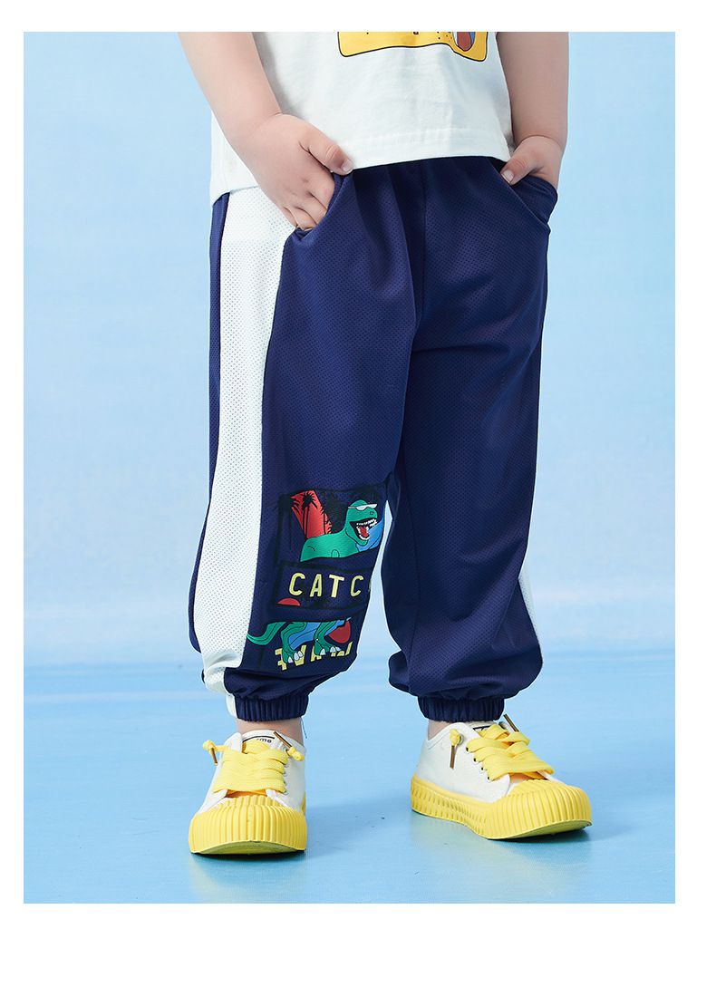 卡通圖束口長褲/防蚊褲-漫畫框恐龍-深藍+白