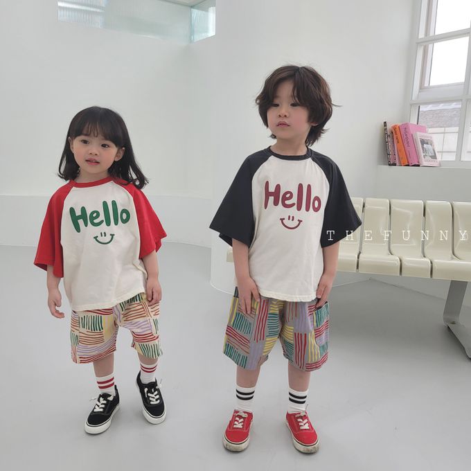 韓國 The Funny - Hello微笑印短袖上衣-米白X紅