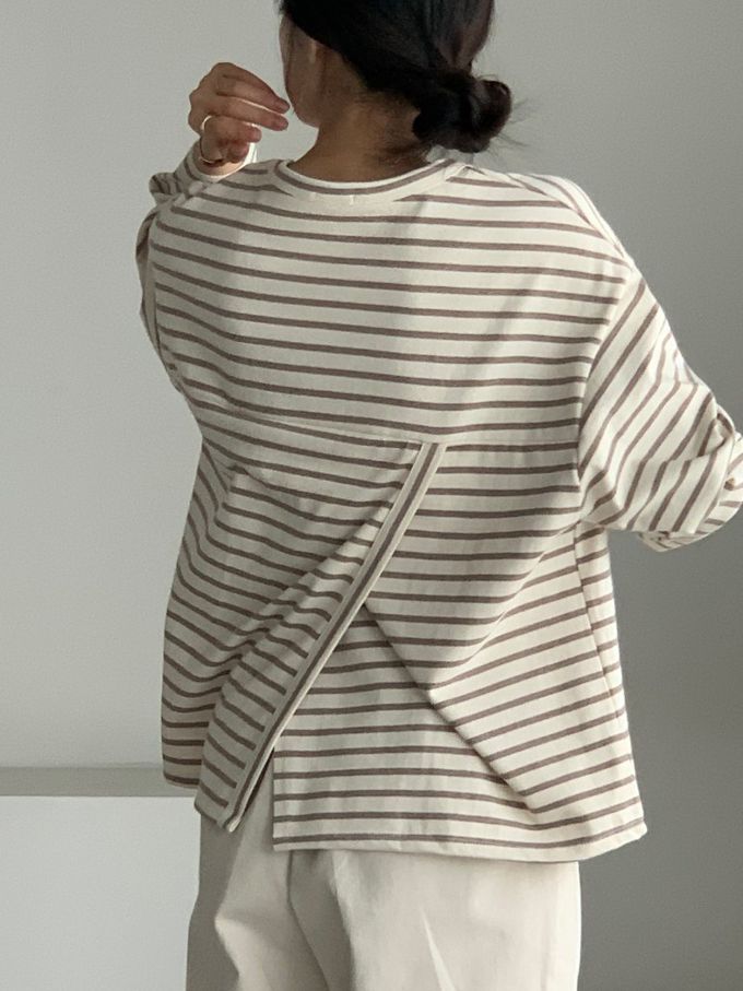 韓國女裝連線 - 不對稱後開衩條紋長袖上衣-可可咖 (FREE)