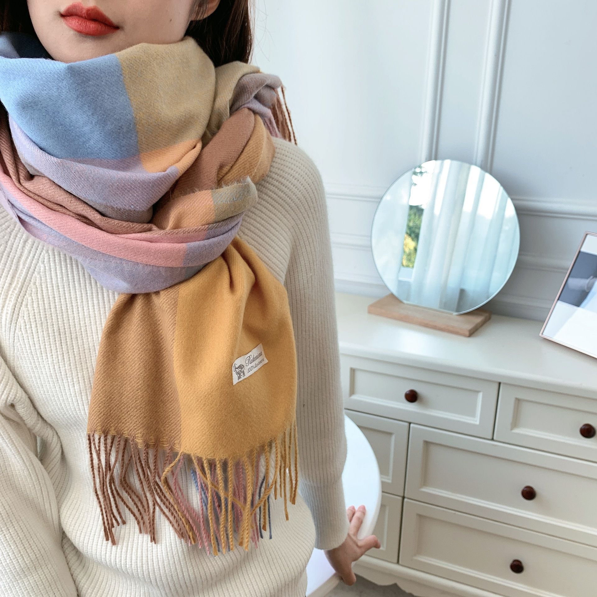 韓系仿羊絨大格子暖暖圍巾-粉+深酒紅 (200x70cm)