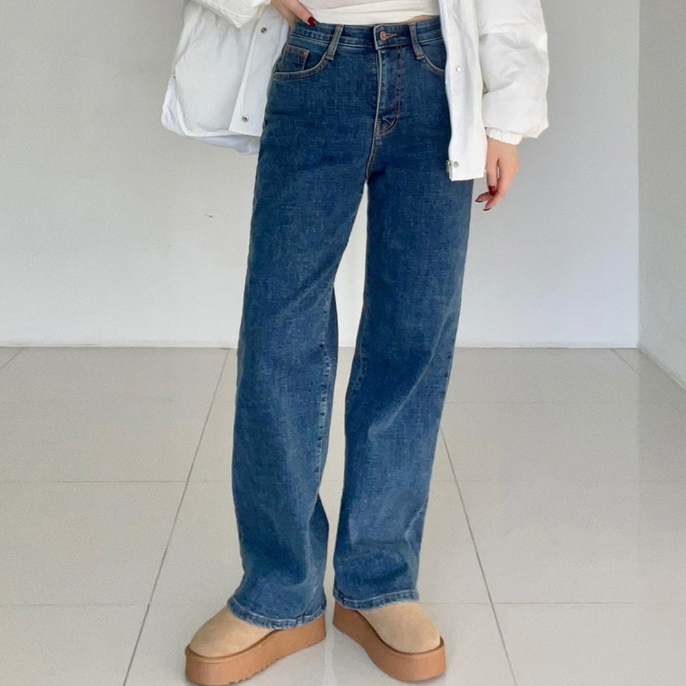 Howluk (內磨毛)彈性腰日常好穿直筒丹寧褲-中青