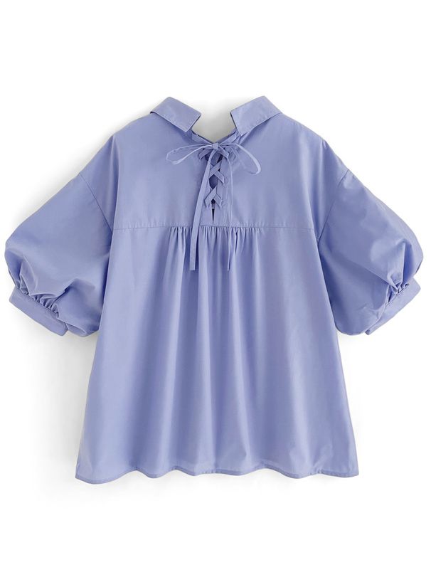 日本 GRL - 後綁帶翻領泡泡袖襯衫-米白 (F)