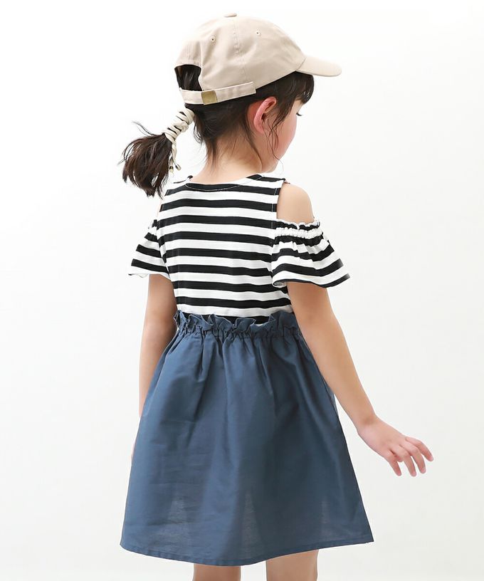 日本 devirock - 挖肩氣質荷葉短袖洋裝-格紋-海軍藍x黑白