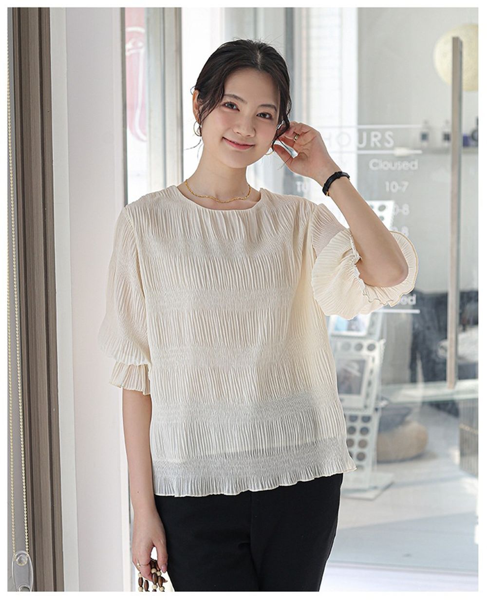 氣質滿分壓摺雪紡上衣-杏色 (F)