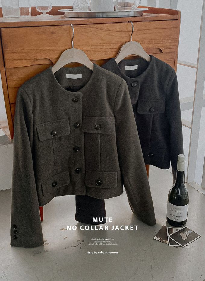 韓國 Urbantheroom - 高質感排釦無領短版夾克-卡其灰 (Free)