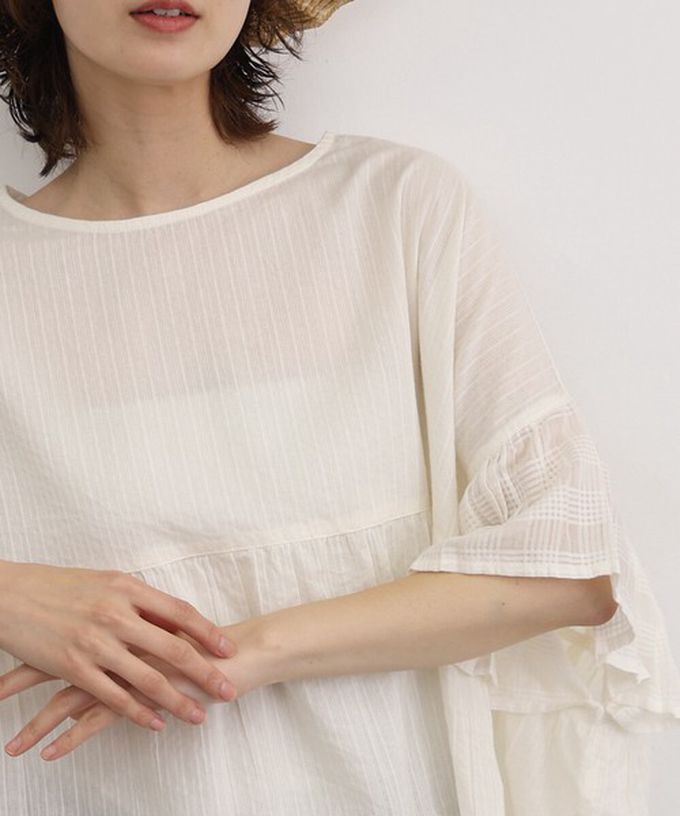 日本 Lupilien - 印度棉 緹花拼接感喇叭短袖上衣-米白