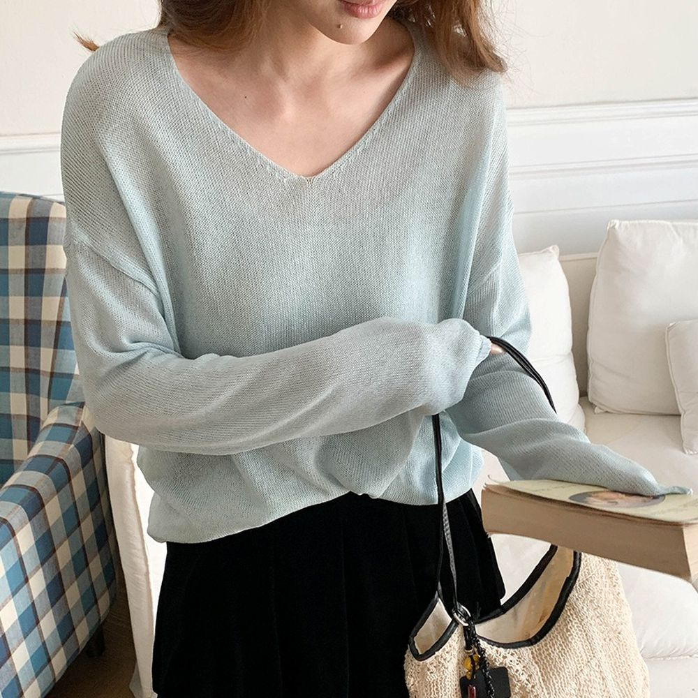 慵懶微寬鬆天絲亞麻長袖針織上衣-天藍 (F)