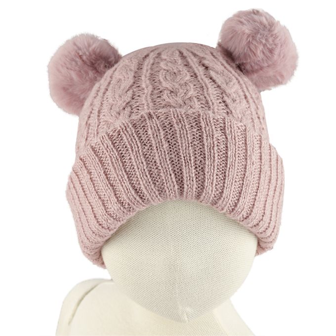 akachan honpo - 針織帽-麻花 毛球-粉紅色