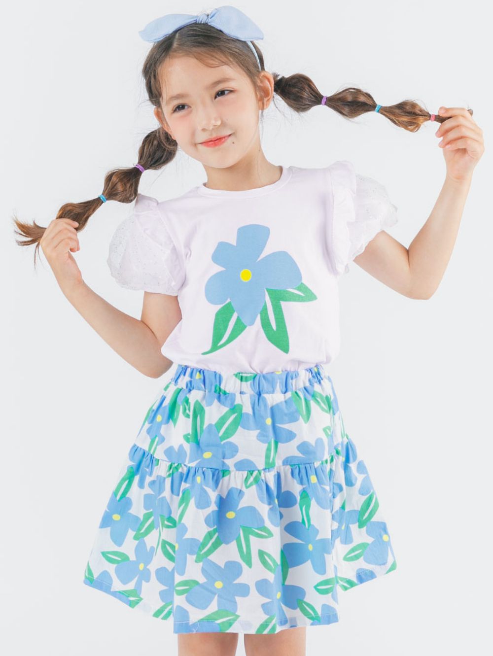 韓國 OZKIZ - 藍色花朵公主袖套裝