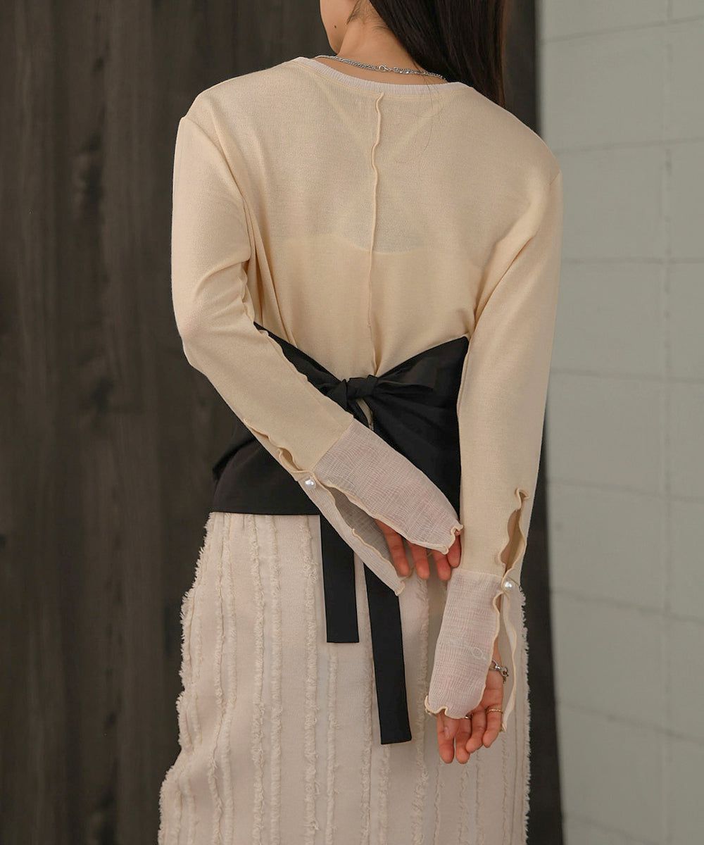 日本 Bab - 楊柳拼接珍珠薄長袖上衣-米杏