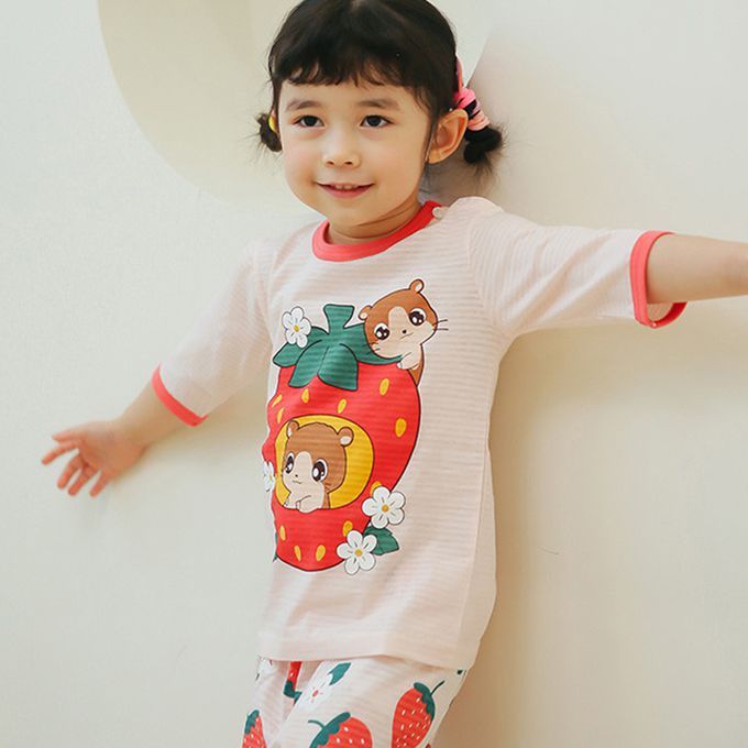 正韓 Puco - 超優質嬰幼兒/兒童七分袖100% 有機純棉家居服/睡衣-草莓倉鼠