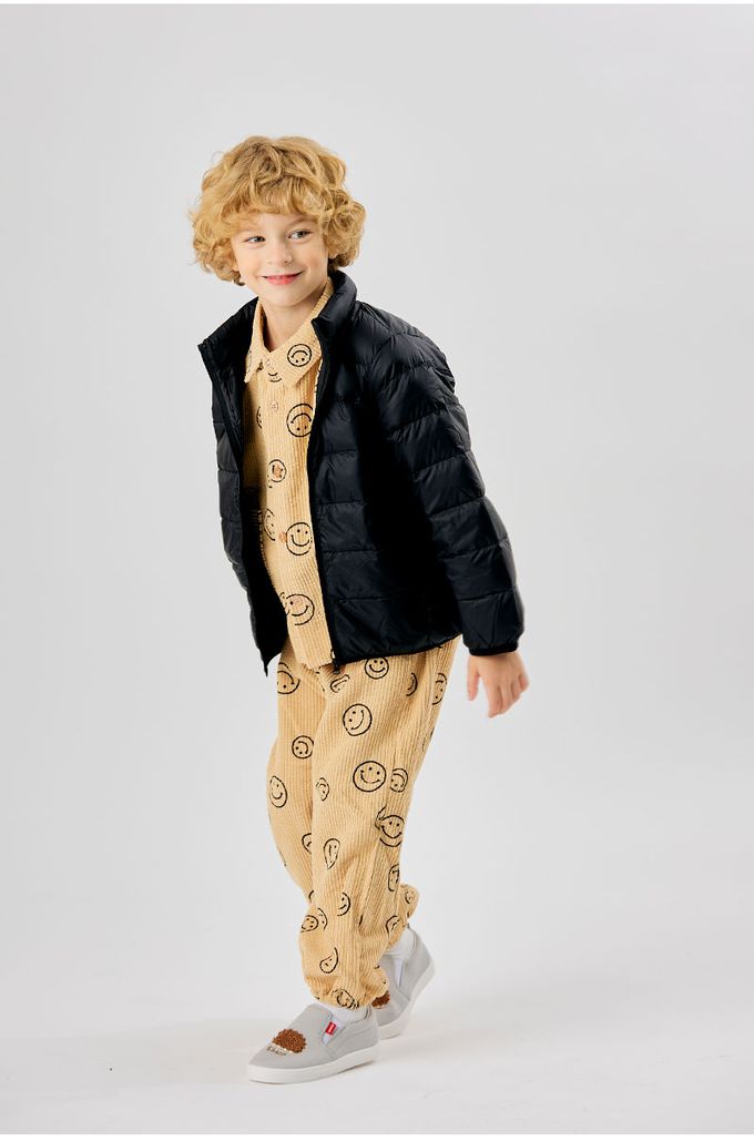 韓國 OZKIZ - 鬆緊腰圓形笑臉印燈芯絨縮口長褲-卡其