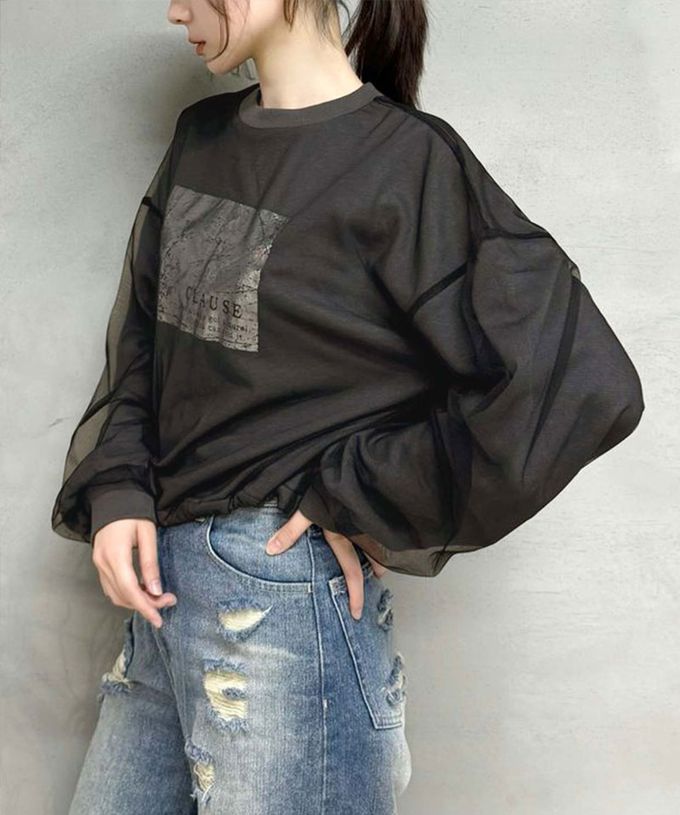 日本 Classical Elf - mily bilet 燙銀印花薄紗分層長袖上衣-時尚黑