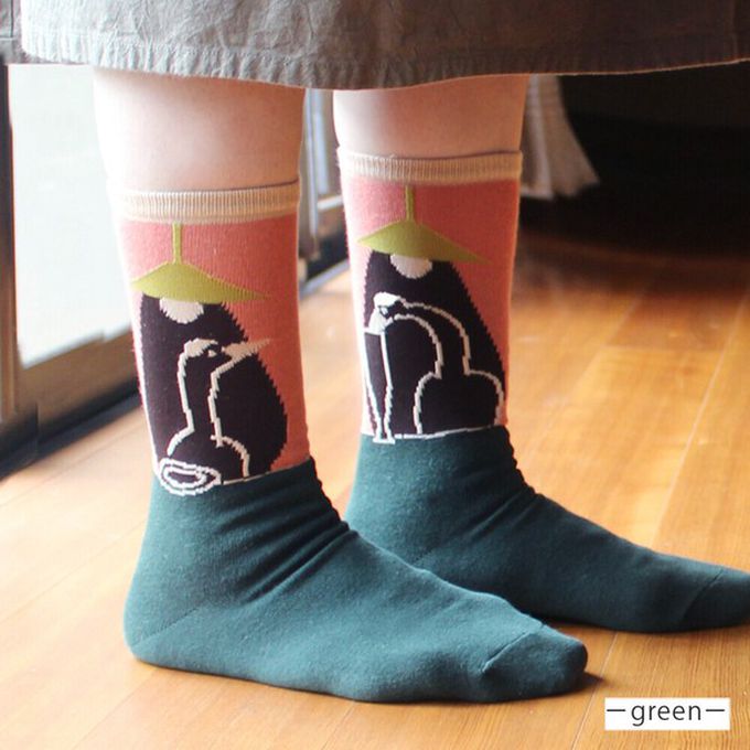 日本女裝代購 - 日本製 伊索寓言印花長襪-狐狸和鶴-洋紅 (23-25cm)