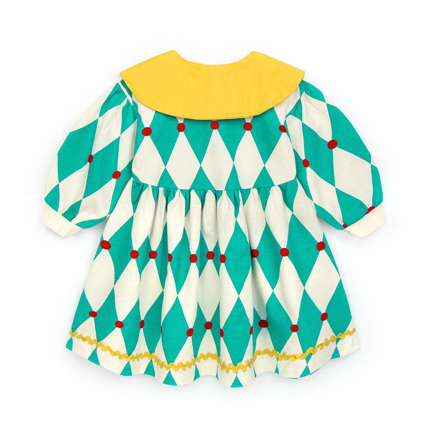 韓國 Pimpollo - 菱格紋撞色翻領洋裝-黃