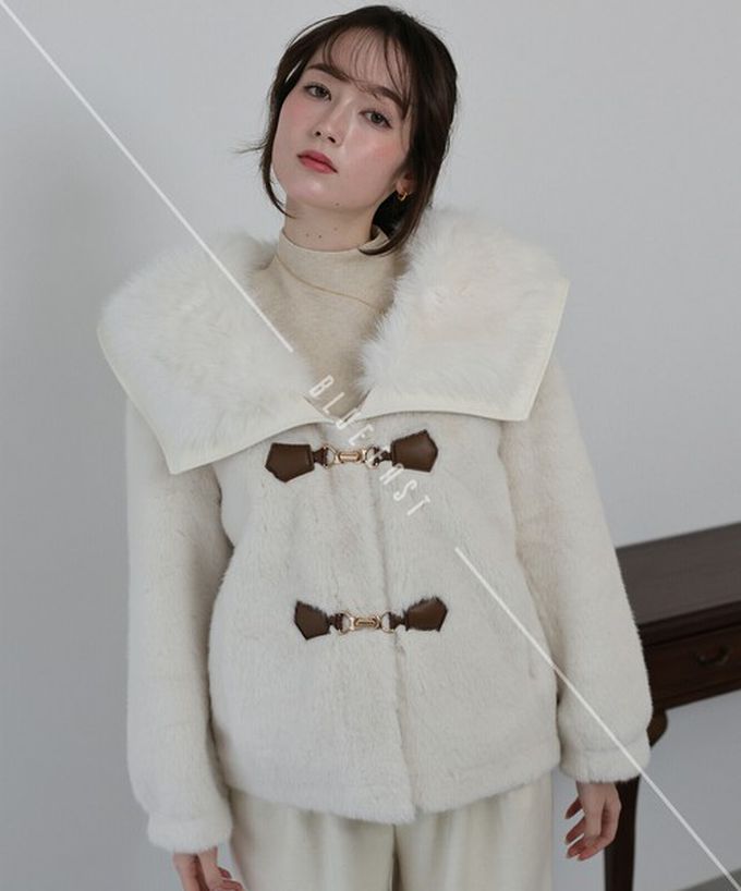 日本 BLUE EAST - 華麗注目皮草感大翻領金扣外套-咖啡