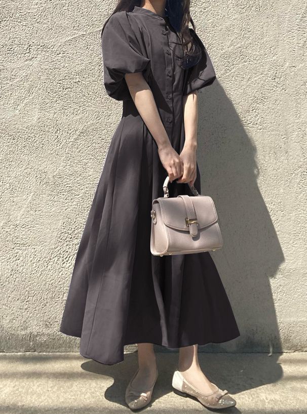 日本 GRL - 小立領收腰修身泡泡袖排扣洋裝-石墨灰