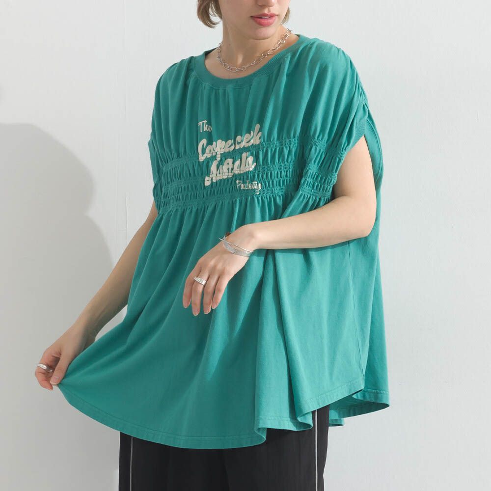 清爽天竺棉落肩皺摺短袖上衣-寶石綠
