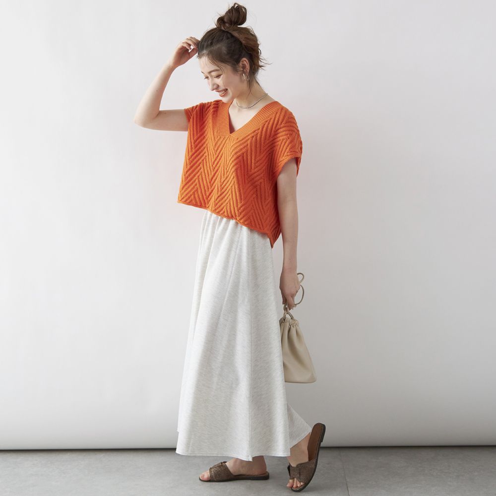 日本 Rejoule - 立體V字坑紋寬鬆針織背心-燕麥 (M(Free size))