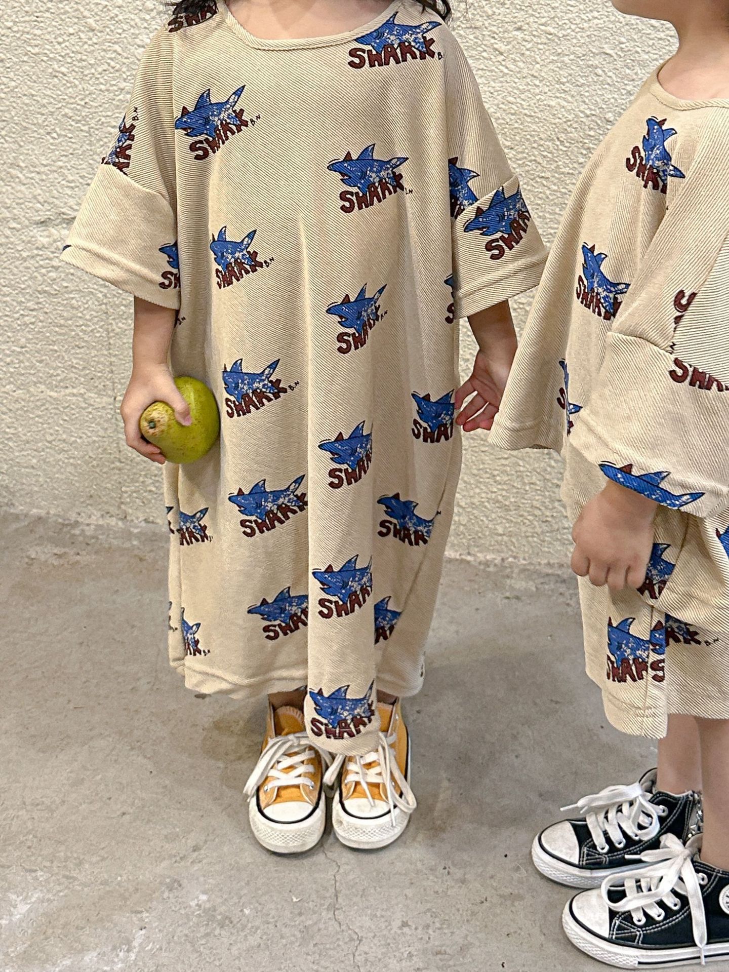 棉質圓領七分袖連身裙-鯊魚-卡其色