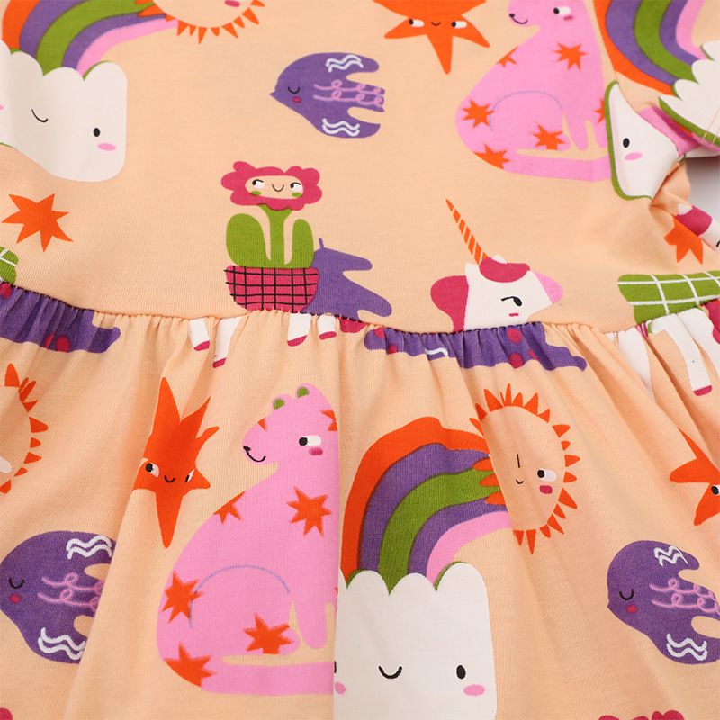 Jumping meters - 棉質圓領短袖洋裝-雲朵獨角獸世界-粉橘色