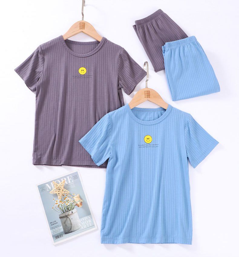 MAMDADKIDS - 螺紋短袖套裝/家居服-笑臉-藍色