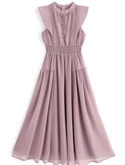 日本 GRL - 飄逸楊柳雪紡立領無袖洋裝-星塵粉