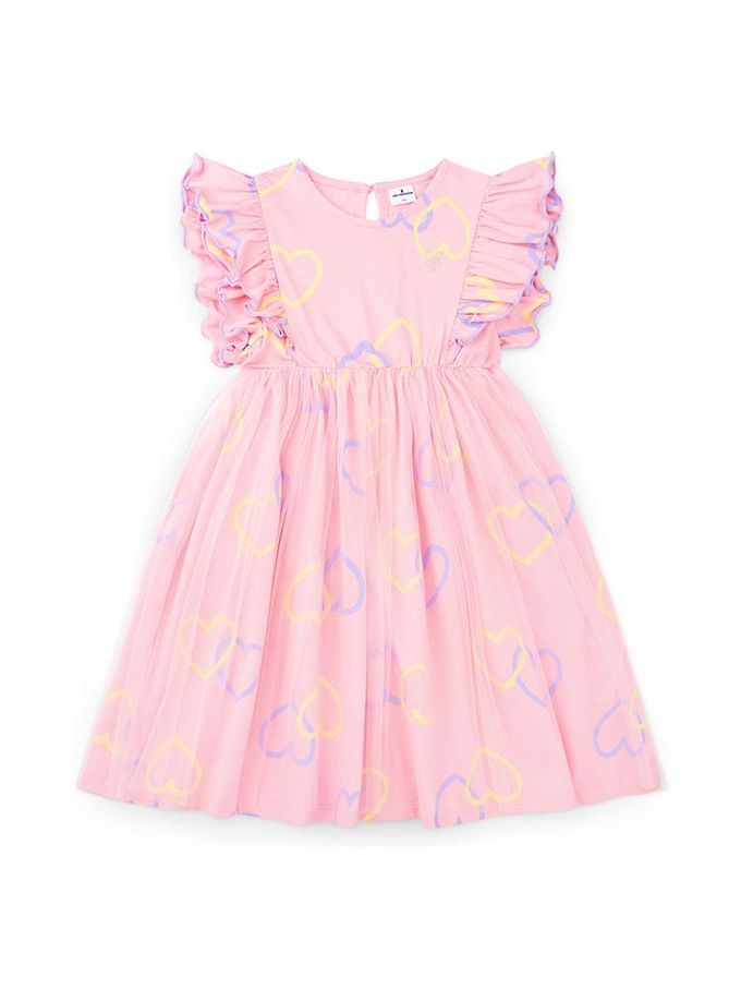 韓國 Jelispoon - 愛心印網紗層次荷葉袖洋裝-粉