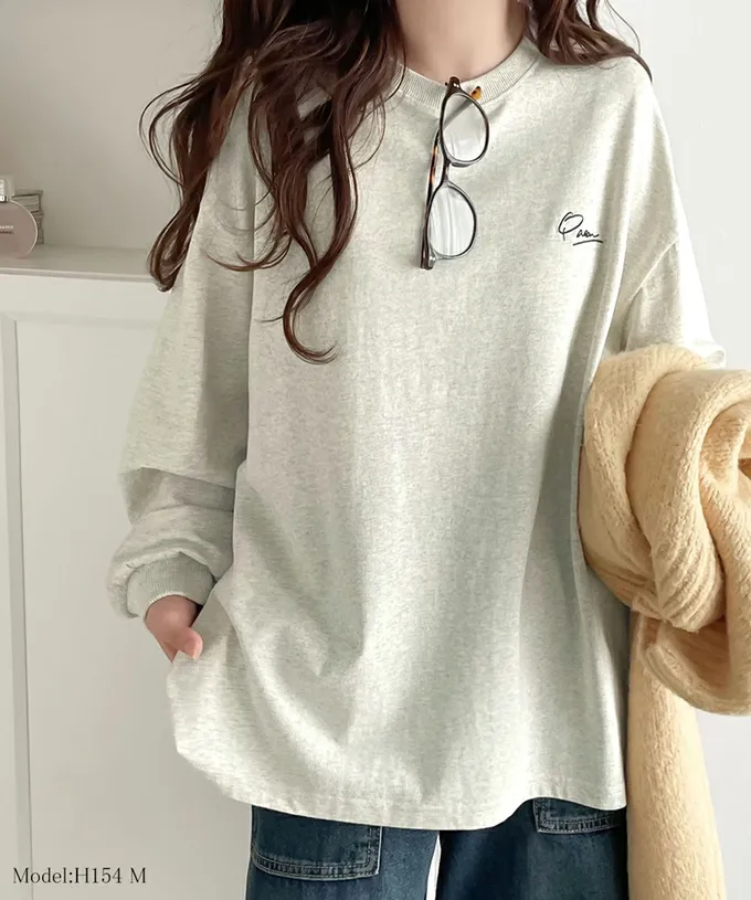 日本 Classical Elf - 胸口簡約刺繡純棉長袖上衣-黑