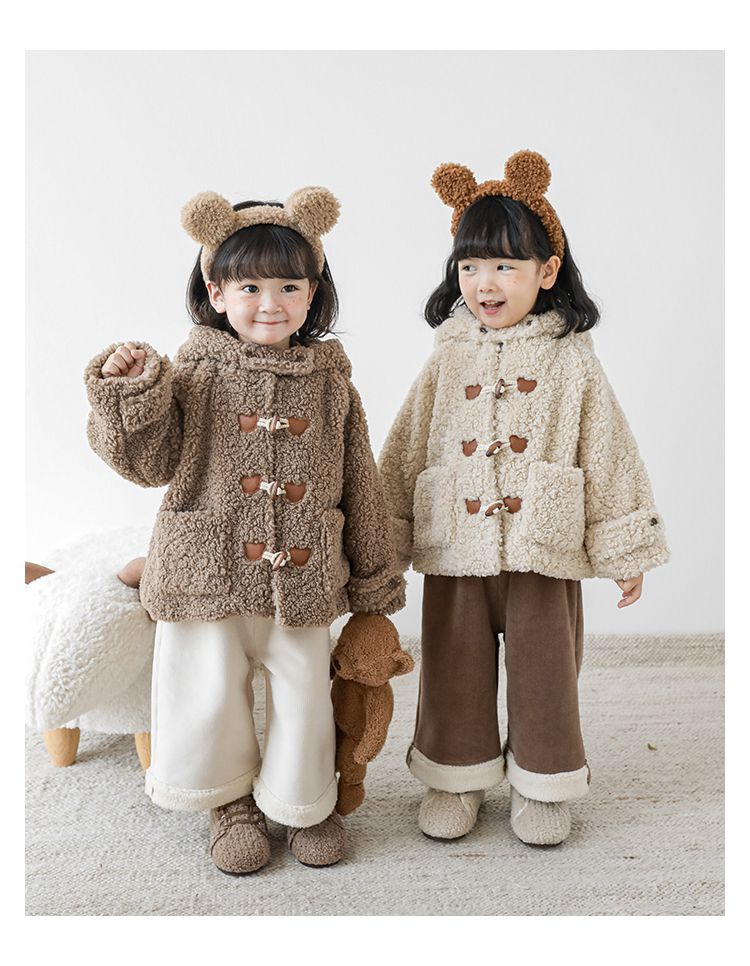 TONGMO - 立體造型羊羔絨牛角釦連帽外套-熊耳朵-米色