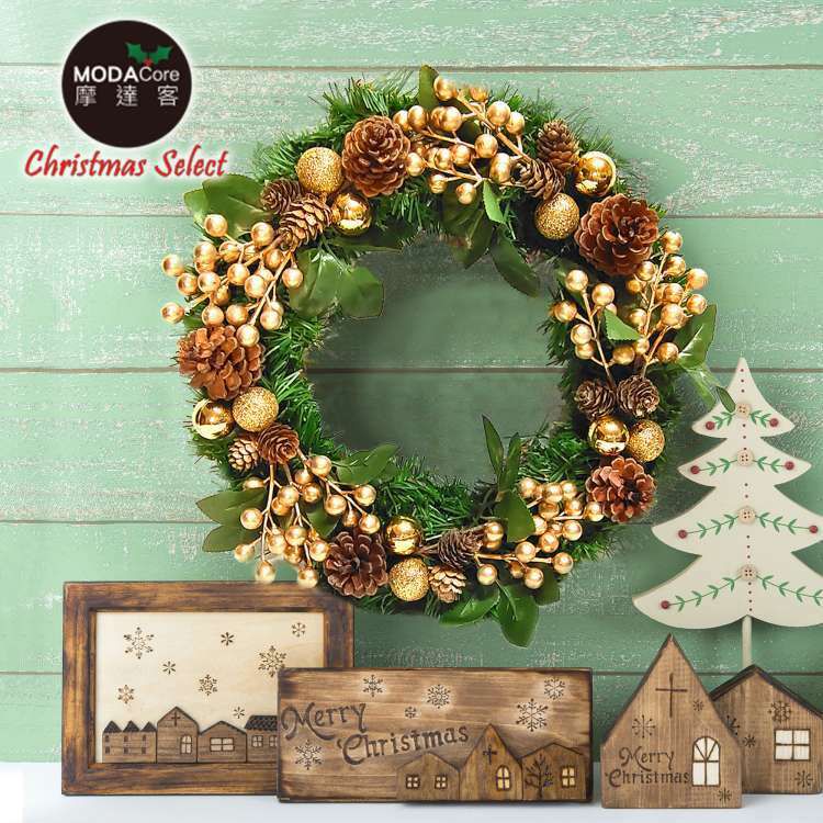 MODACore 摩達客 - 摩達客耶誕-台製歐風典雅14吋大地盛宴金球果松果聖誕花圈_福臨圈(免組裝/台灣設計手工藝製)