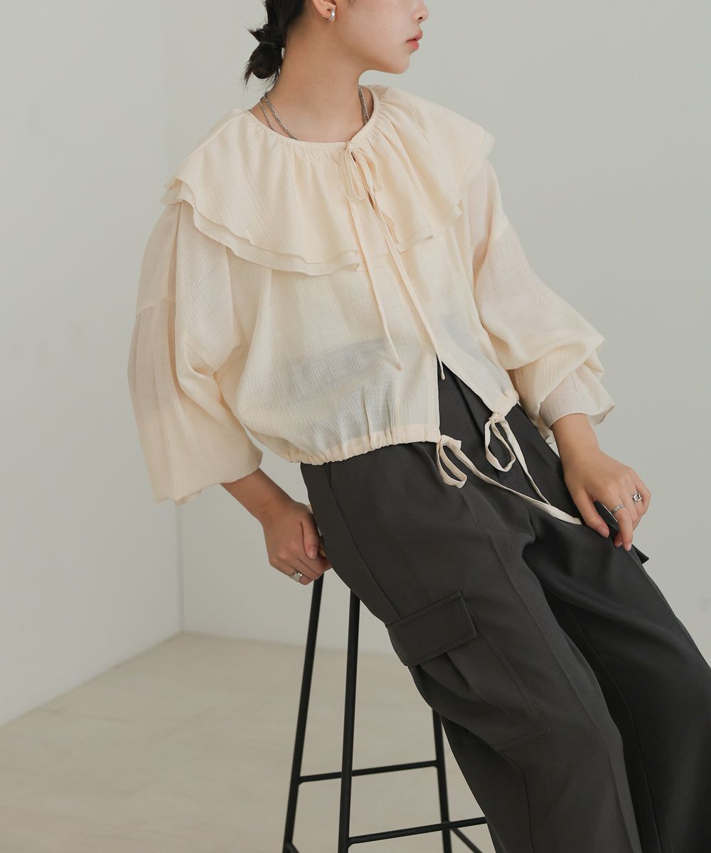 日本 Bab - 浪漫荷葉層次糖果袖襯衫-淺灰