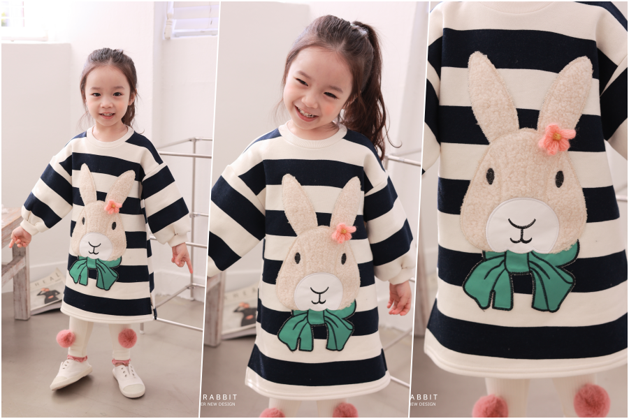 韓國 Coco rabbit - 領結兔子條紋連身洋裝-黑