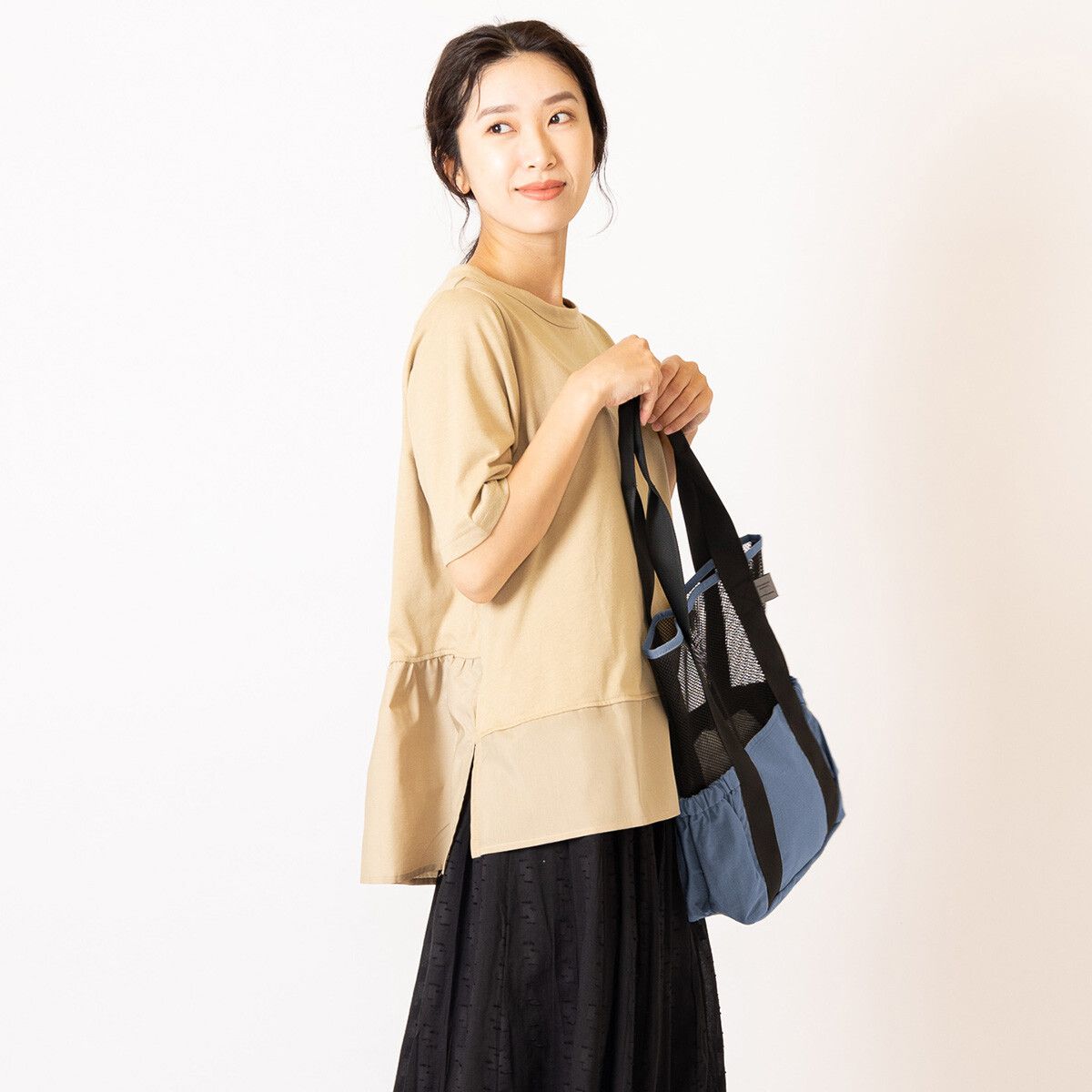 日本代購 - 美式休閒風 網眼拼接肩背購物袋-黑 (37x25x12cm)