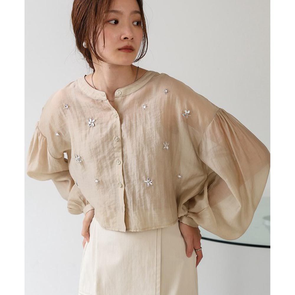 日本 Bab - 閃耀珠飾透膚短版襯衫-淺卡其