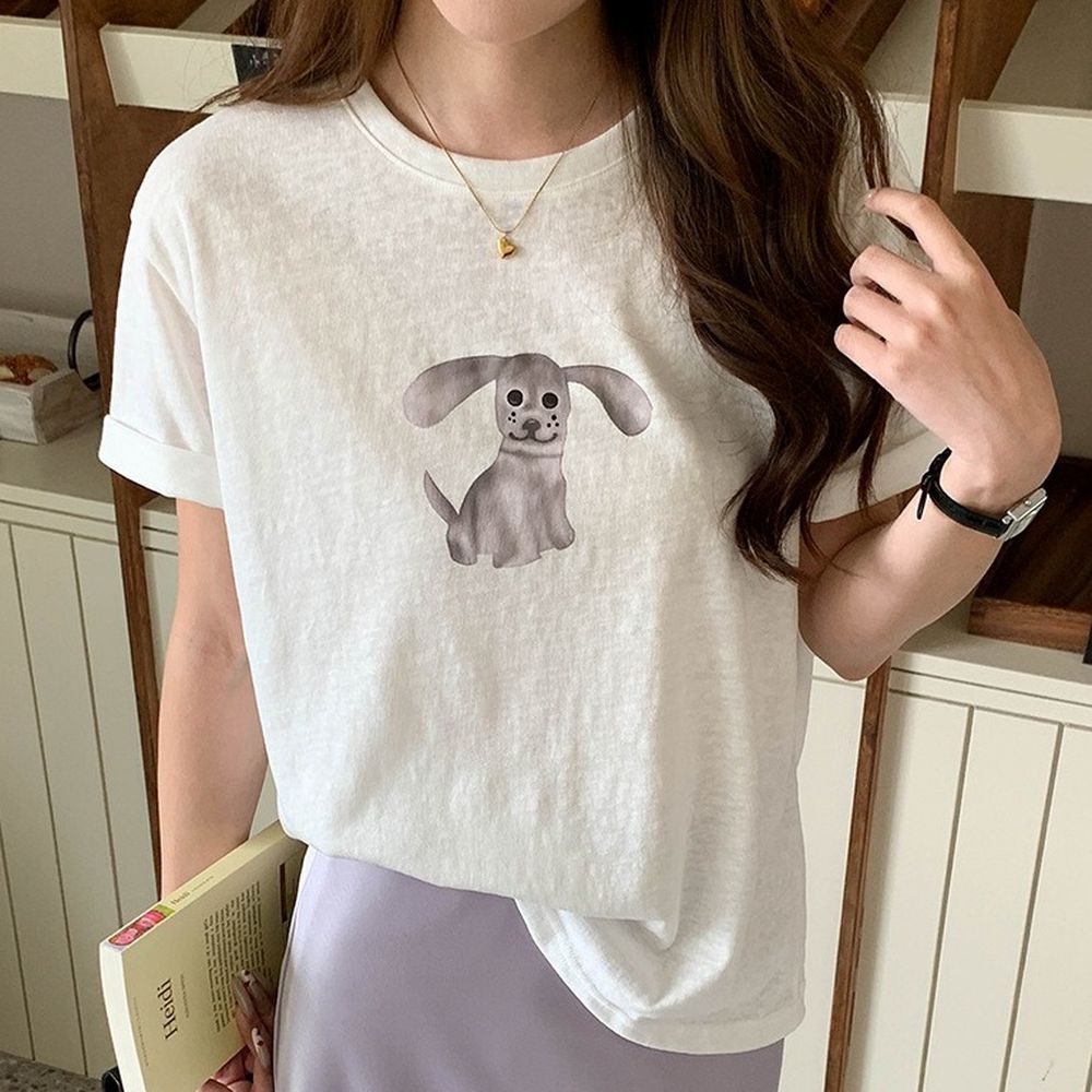 寬鬆落肩短袖上衣-趣味卡通小狗-白 (F)