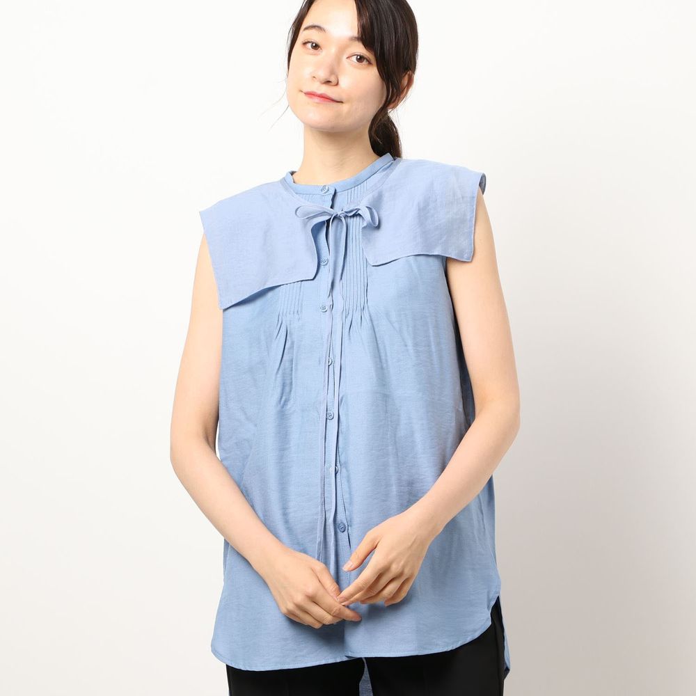 日本 Riche Glamour - 輕薄無袖襯衫+綁帶大領片兩件組-藍