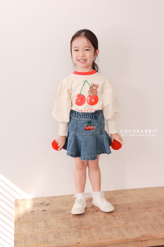 韓國 Coco rabbit - 立體櫻桃小熊圓領澎袖上衣-奶油