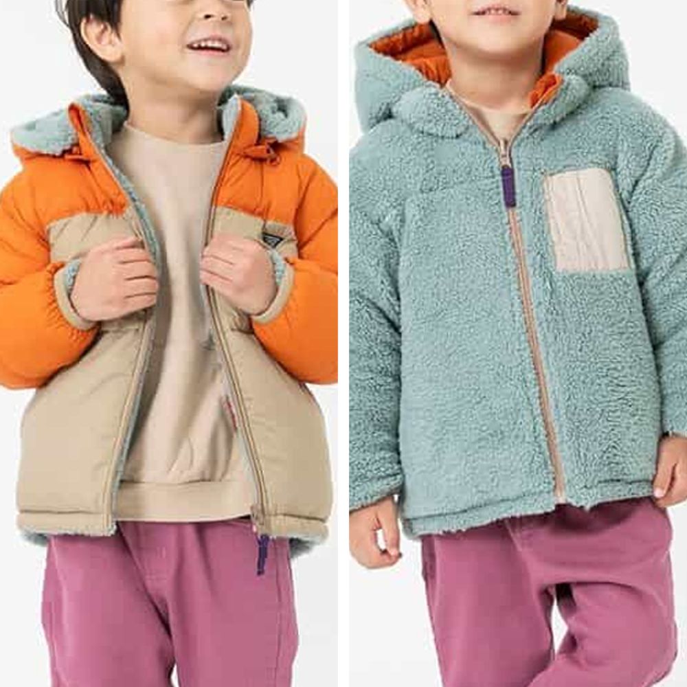 2WAY雙面穿 柔軟毛毛科技羽絨外套(帽可拆)-橘X卡其