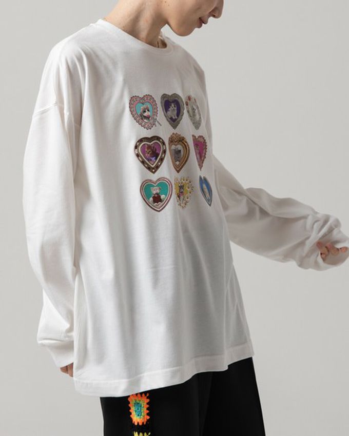 日本 gleam - 可愛貓咪相框寬版長袖T恤-白