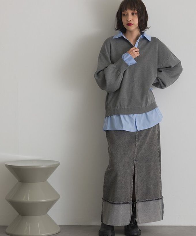 日本 ELENCARE DUE - 假二件襯衫領輕盈落肩長袖上衣-黑x白