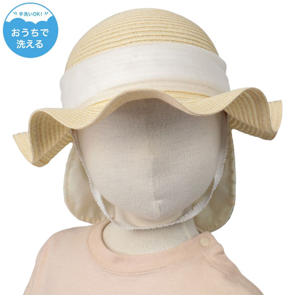 波浪邊帽 可洗可折疊-薄紗蝴蝶結-米白色