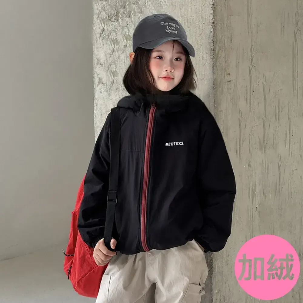 加絨保暖連帽防風外套-黑色