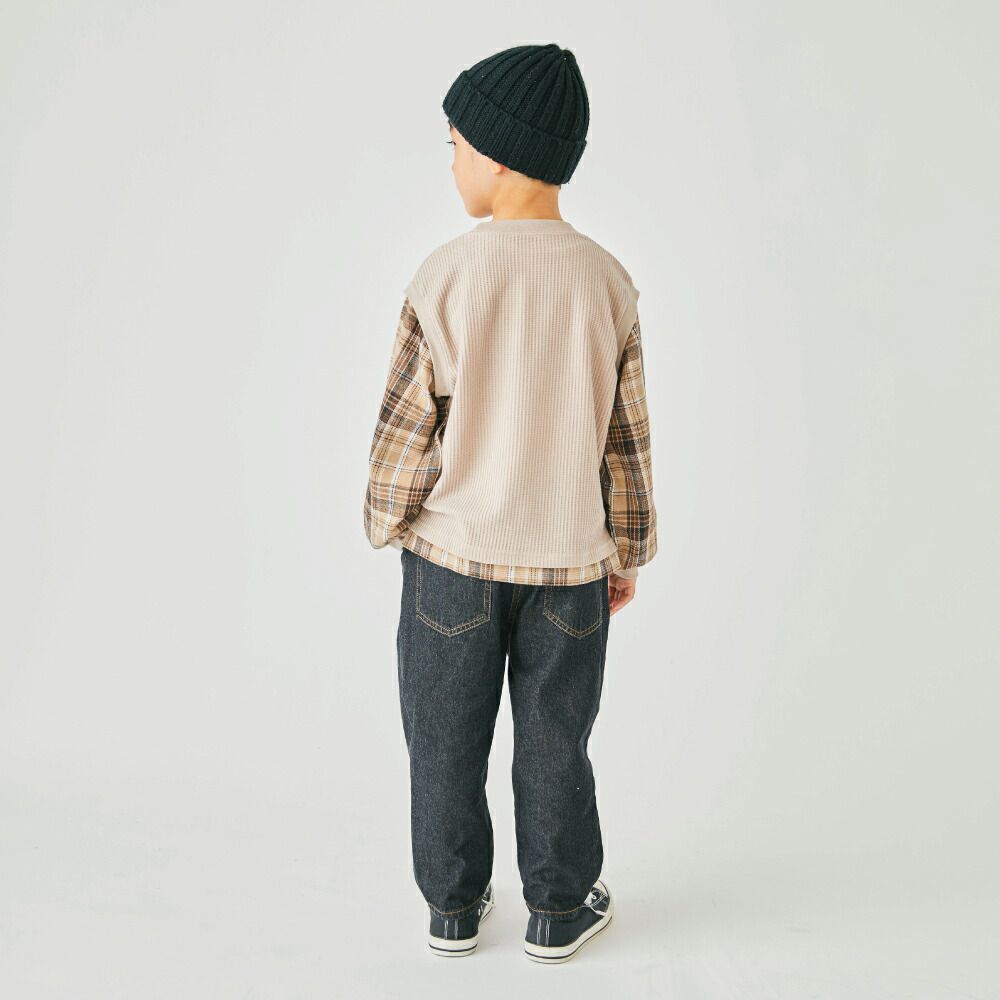 日本 evercloset - 格紋拼接華夫格長袖上衣-薄荷