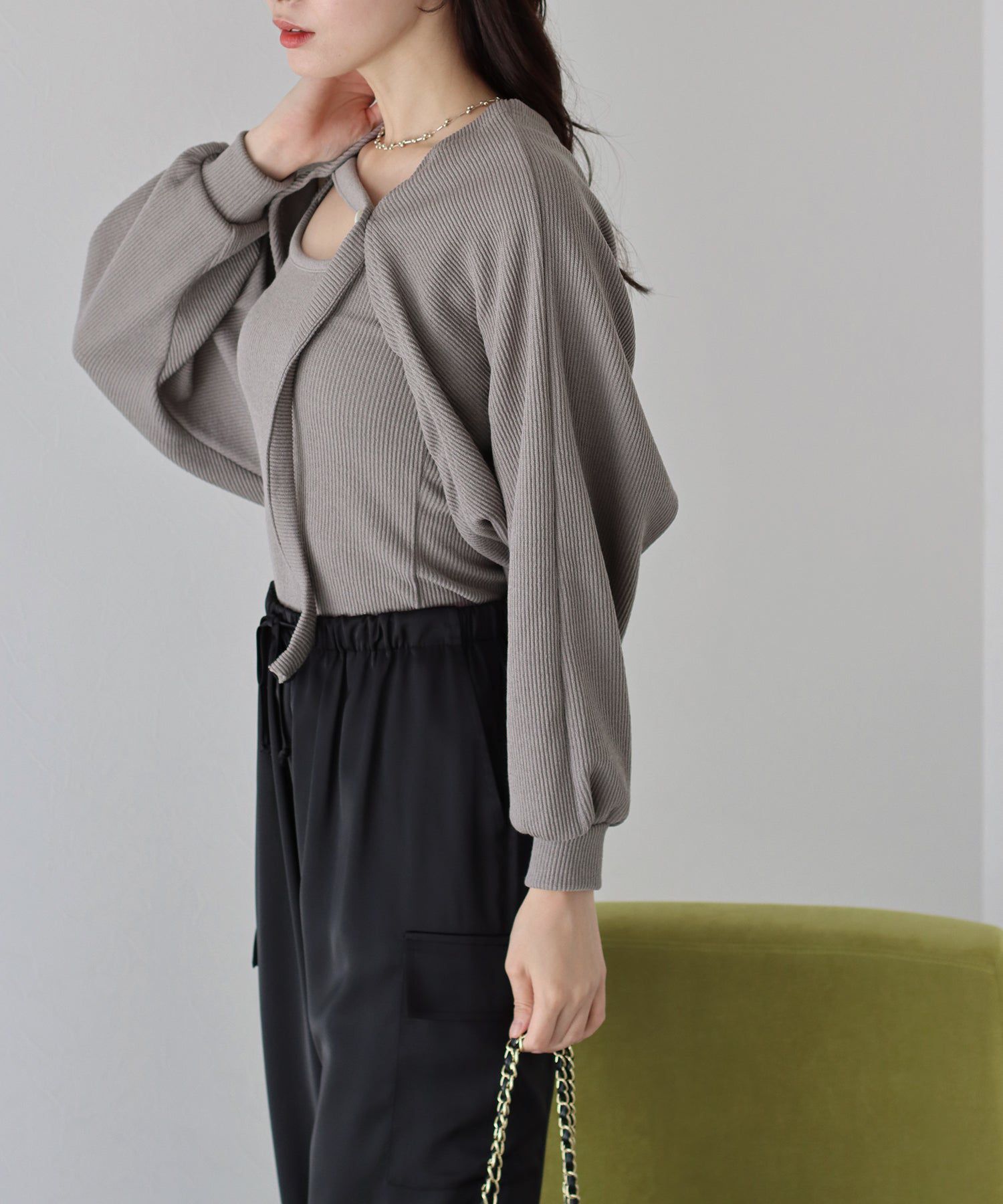 日本 BLUE EAST - 羅紋針織內搭x短版外套兩件組-黑