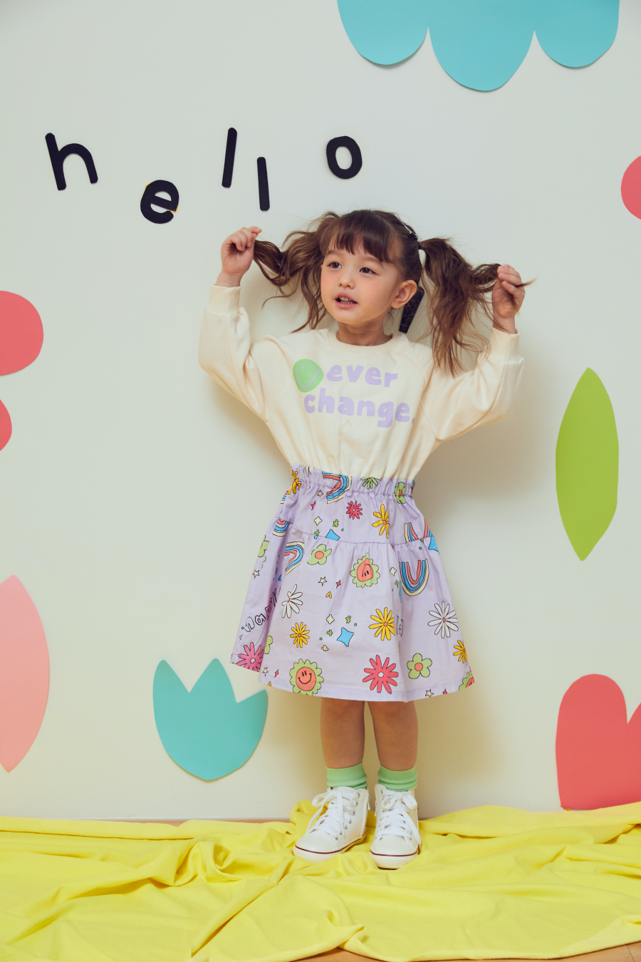 韓國 MINIATURE - 彩虹雛菊拼接縮腰洋裝-奶油白