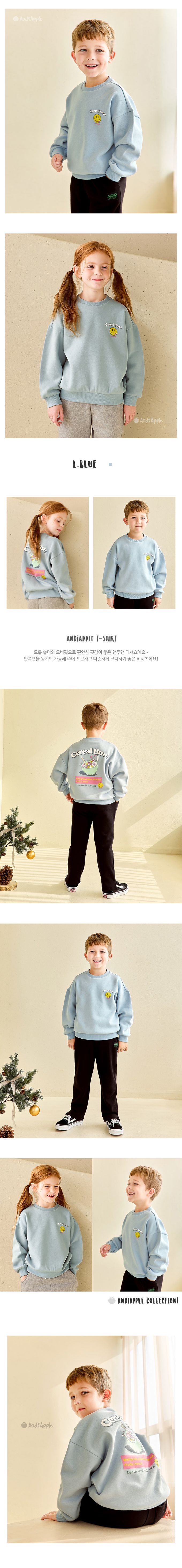 韓國 AndiApple - 好吃麥片印內刷毛大學T-淺藍